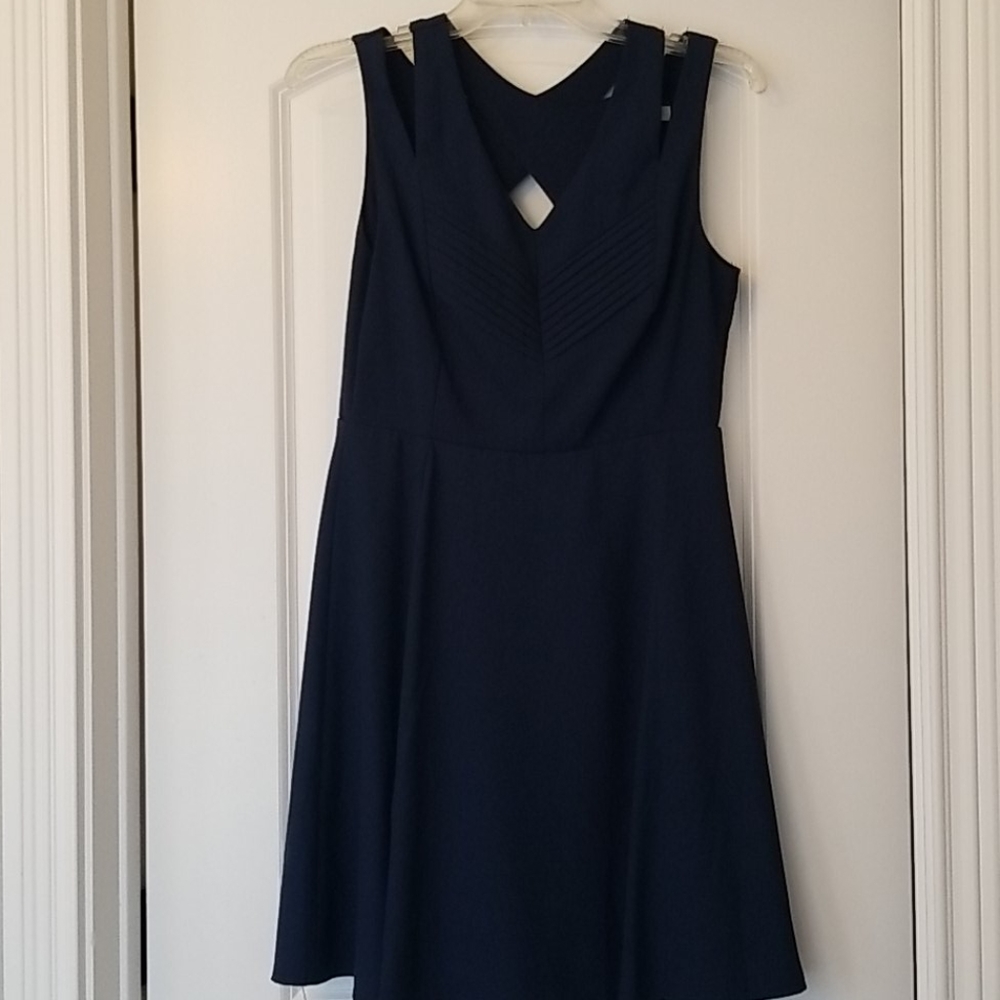 Unique open back strappy navy skater vneck dress